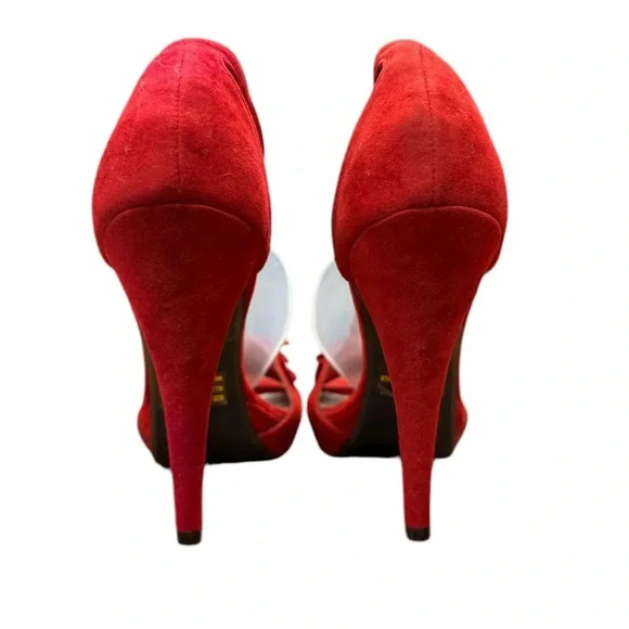 Quiped Red Velvet Ruffled Slingback  Stiletto Heels Size 7.5 - Picture 3 of 7